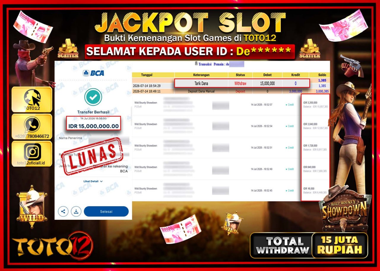 HANYA DI TOTO12 JP PASTI DI BAYAR LUNAS DAN CEPAT!!!!!! JACKPOT SLOT GAME (WILD BOUNTY SHOWDOWN) Rp15.000.000!!!!