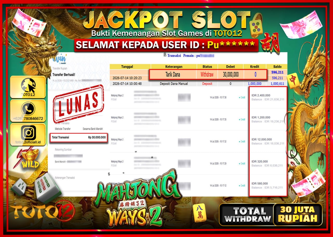 HANYA DI TOTO12 JP PASTI DI BAYAR LUNAS DAN CEPAT!!!!!! JACKPOT SLOT GAME (MAHJONG WAYS 2) Rp30.000.000!!!!