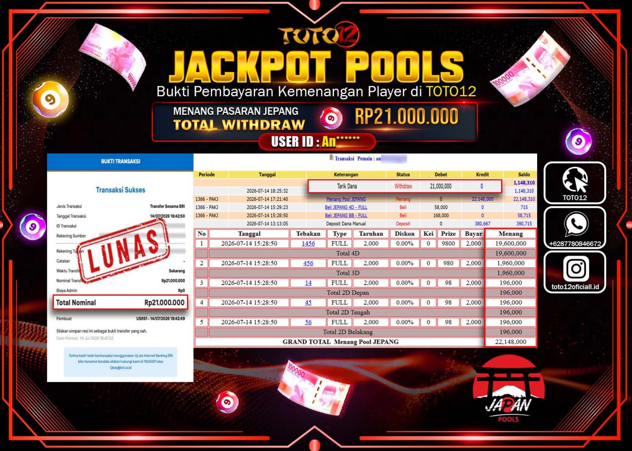HANYA DI TOTO12 JP PASTI DI BAYAR LUNAS DAN CEPAT!!!!!! JACKPOT POOLS PASARAN (JEPANG) Rp21.000.000!!!!