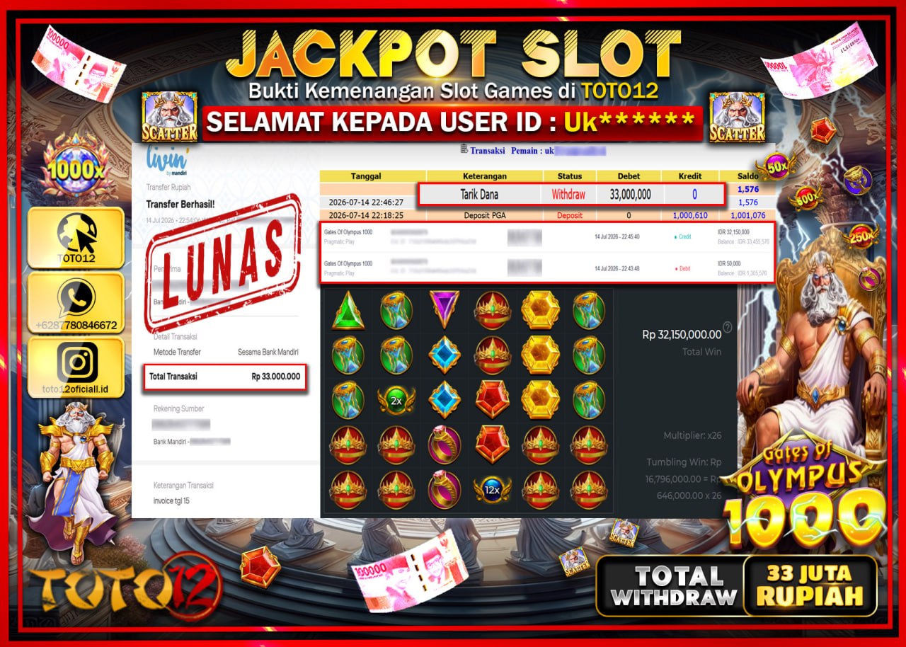 HANYA DI TOTO12 JP PASTI DI BAYAR LUNAS DAN CEPAT!!!!!! JACKPOT SLOT GAME (GATES OF OLYMPUS 1000) Rp33.000.000!!!!