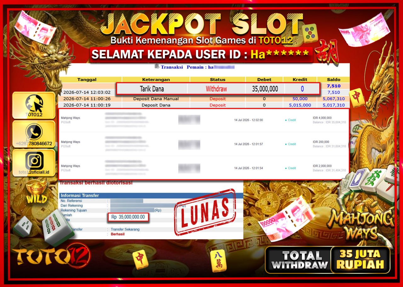 HANYA DI TOTO12 JP PASTI DI BAYAR LUNAS DAN CEPAT!!!!!! JACKPOT SLOT GAME (MAHJONG WAYS) Rp35.000.000!!!!