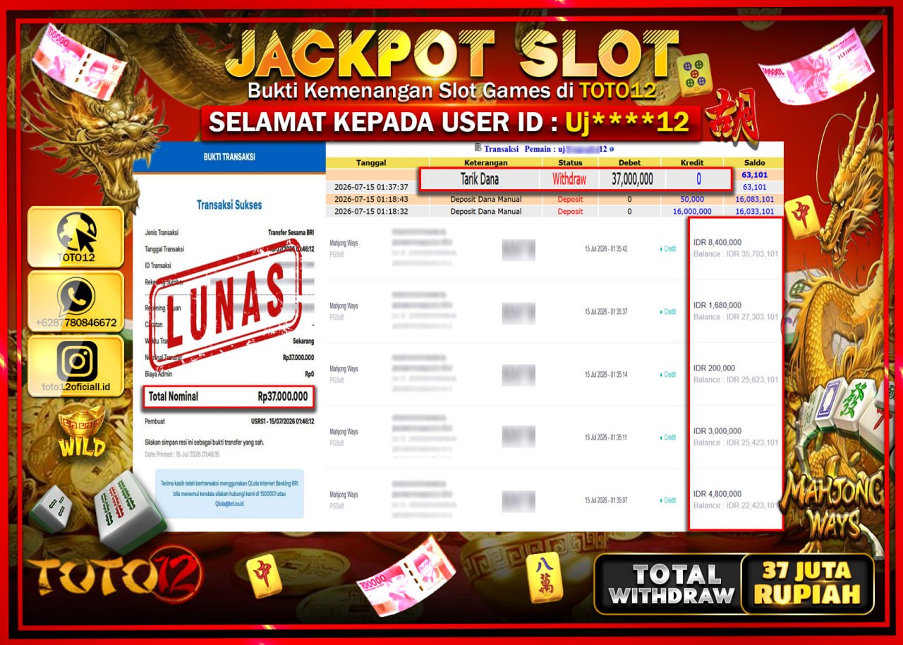 HANYA DI TOTO12 JP PASTI DI BAYAR LUNAS DAN CEPAT!!!!!! JACKPOT SLOT GAME (MAHJONG WAYS) Rp37.000.000!!!!