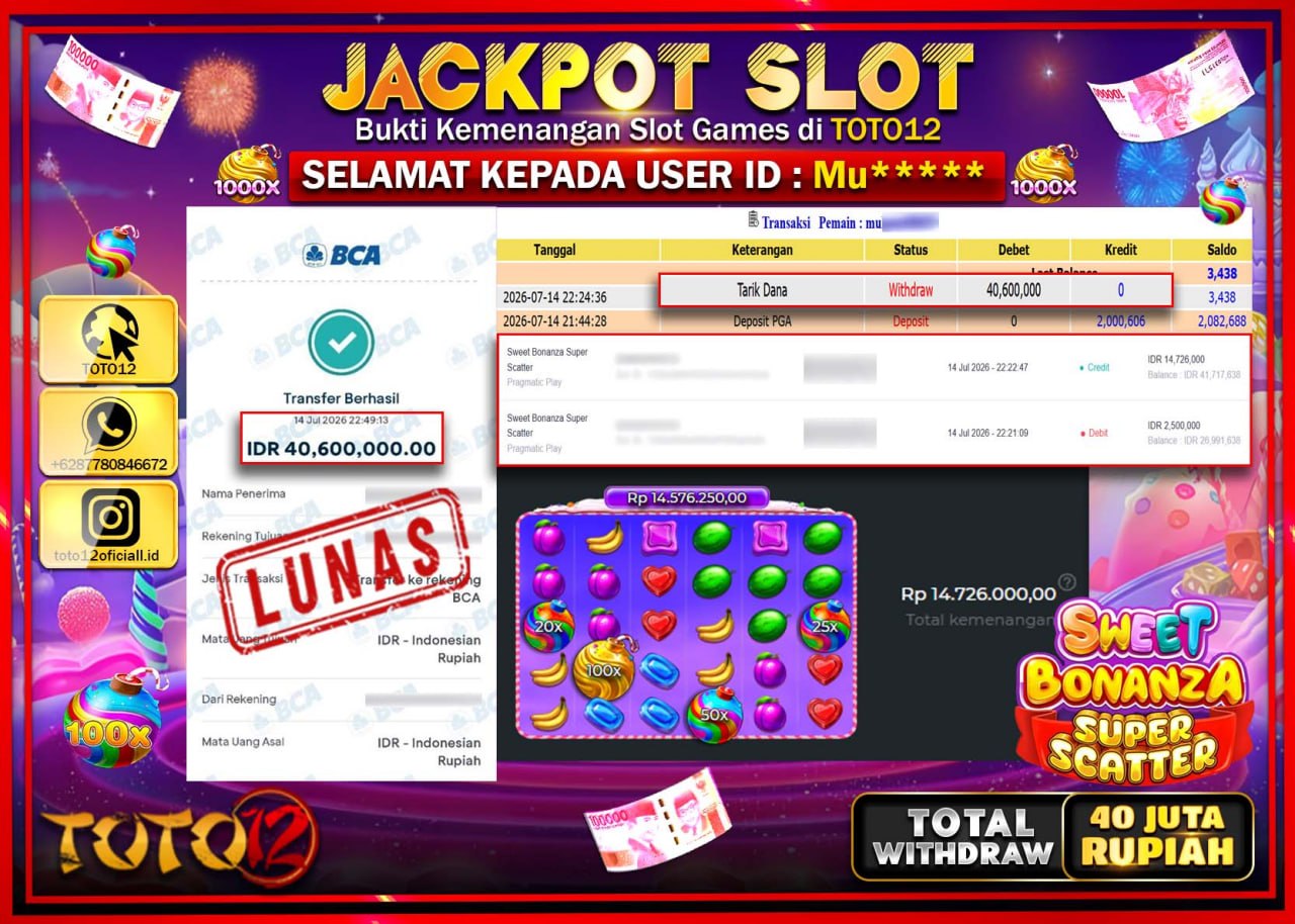 HANYA DI TOTO12 JP PASTI DI BAYAR LUNAS DAN CEPAT!!!!!! JACKPOT SLOT GAME (SWEET BONANZA SUPER SCATTER) Rp40.600.000!!!!