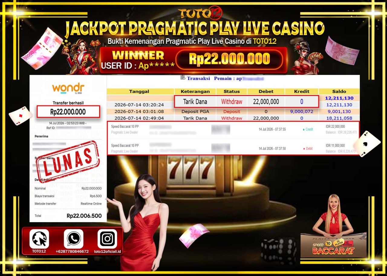 HANYA DI TOTO12 JP PASTI DI BAYAR LUNAS DAN CEPAT!!!!!! JACKPOT PRAGMATIC PLAY LIVE GAME CASINO (SPEED BACCARAT 10 PP) Rp22.000.000!!!!