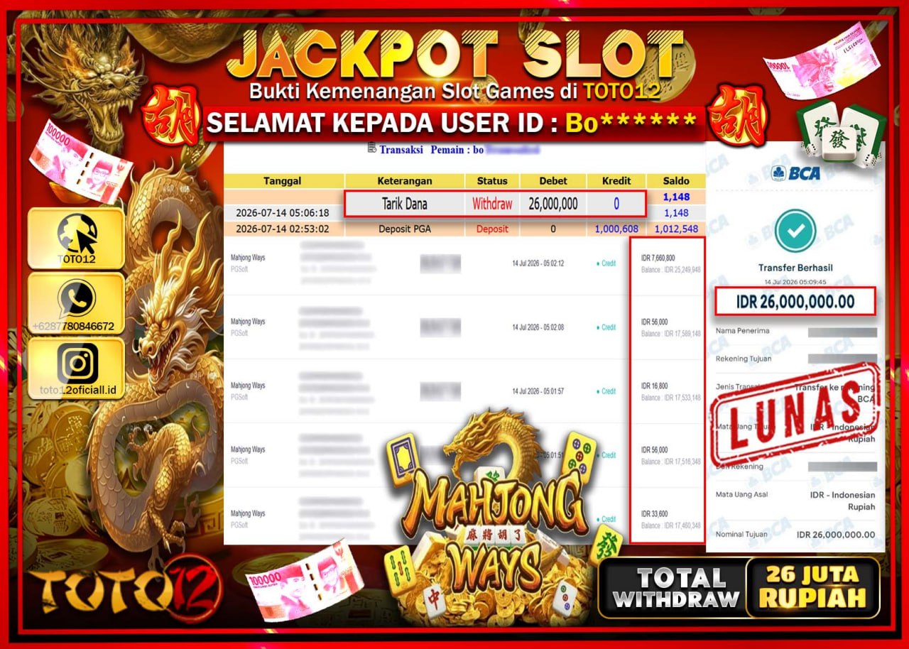 HANYA DI TOTO12 JP PASTI DI BAYAR LUNAS DAN CEPAT!!!!!! JACKPOT SLOT GAME (MAHJONG WAYS) Rp26.000.000!!!!