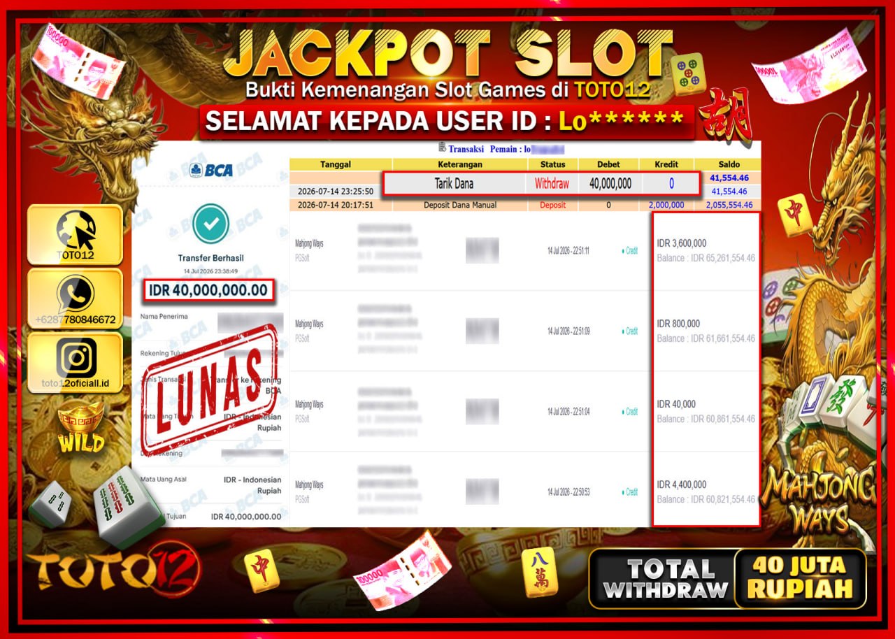 HANYA DI TOTO12 JP PASTI DI BAYAR LUNAS DAN CEPAT!!!!!! JACKPOT SLOT GAME (MAHJONG WAYS) Rp40.000.000!!!!