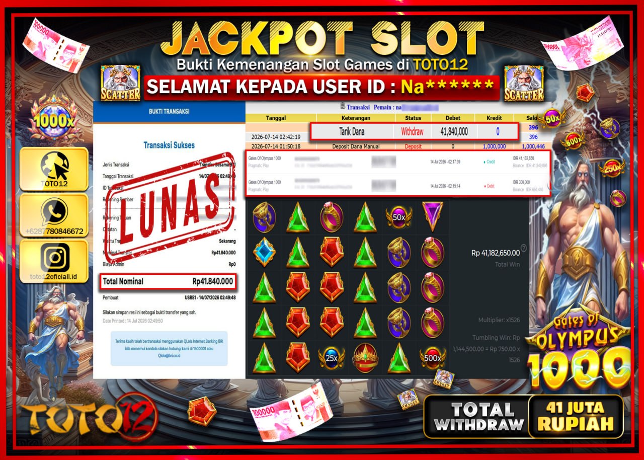 HANYA DI TOTO12 JP PASTI DI BAYAR LUNAS DAN CEPAT!!!!!! JACKPOT SLOT GAME (GATES OF OLYMPUS 1000) Rp41.840.000!!!!