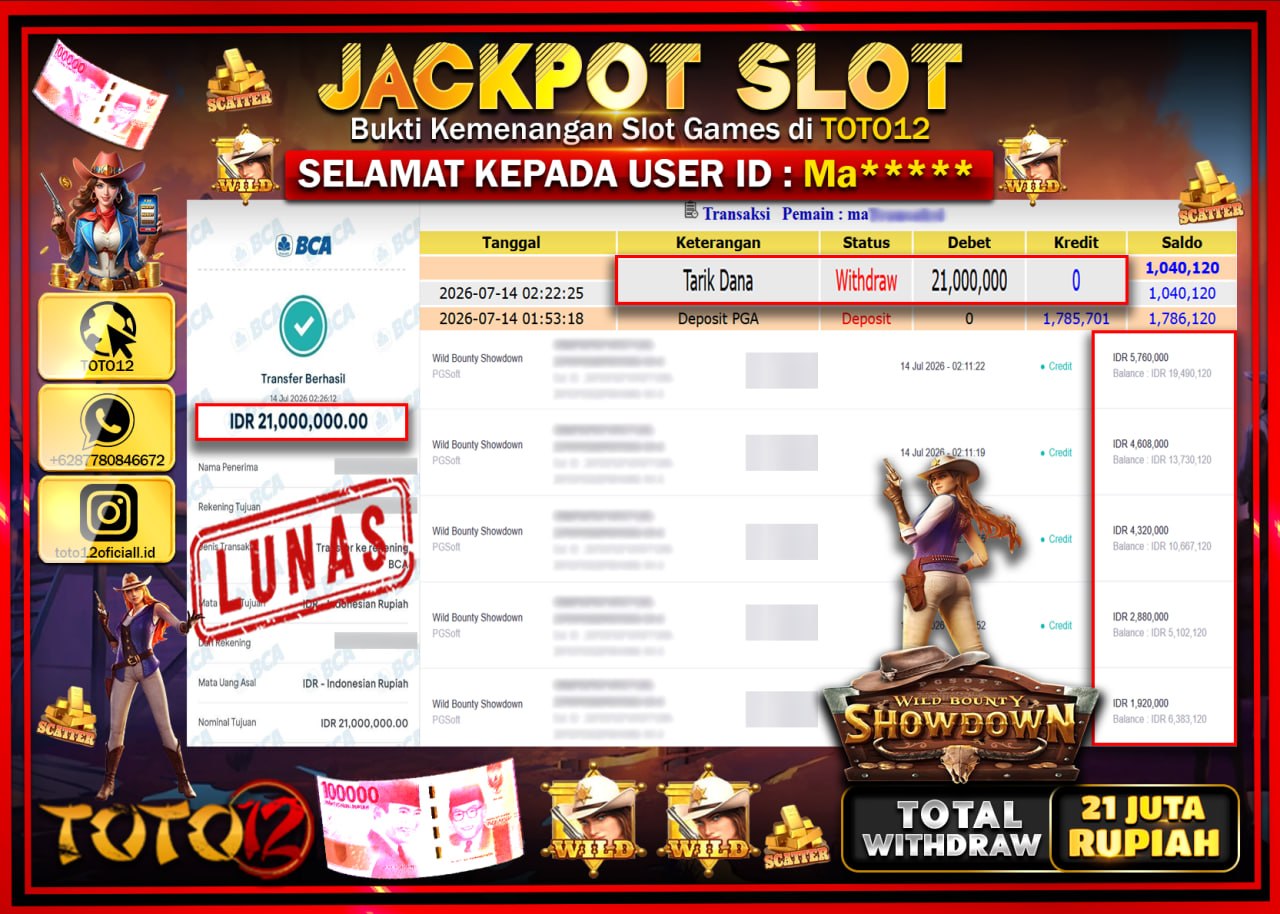 HANYA DI TOTO12 JP PASTI DI BAYAR LUNAS DAN CEPAT!!!!!! JACKPOT SLOT GAME (WILD BOUNTY SHOWDOWN) Rp21.000.000!!!!
