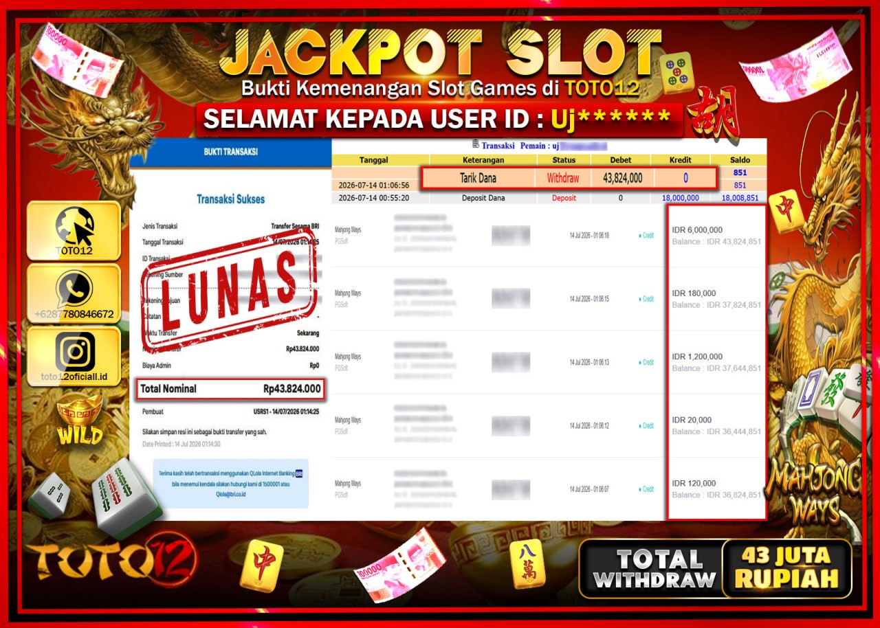 HANYA DI TOTO12 JP PASTI DI BAYAR LUNAS DAN CEPAT!!!!!! JACKPOT SLOT GAME (MAHJONG WAYS) Rp43.824.000!!!!