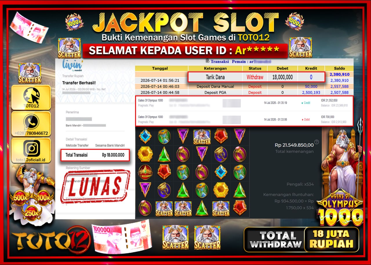 HANYA DI TOTO12 JP PASTI DI BAYAR LUNAS DAN CEPAT!!!!!! JACKPOT SLOT GAME (GATES OF OLYMPUS 1000) Rp18.000.000!!!!