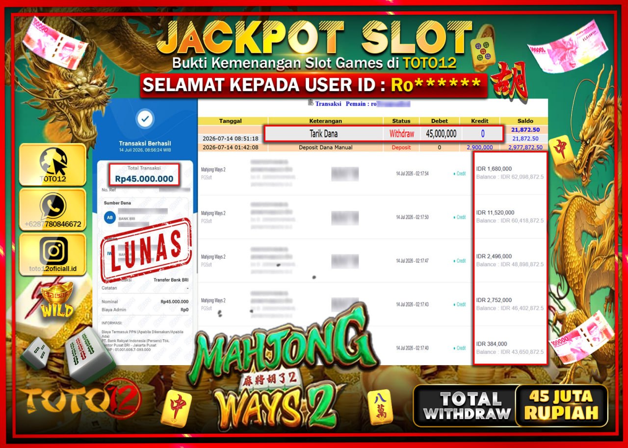HANYA DI TOTO12 JP PASTI DI BAYAR LUNAS DAN CEPAT!!!!!! JACKPOT SLOT GAME (MAHJONG WAYS 2) Rp45.000.000!!!!