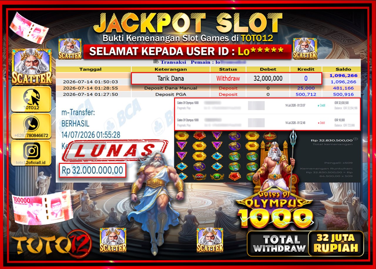 HANYA DI TOTO12 JP PASTI DI BAYAR LUNAS DAN CEPAT!!!!!! JACKPOT SLOT GAME (GATES OF OLYMPUS 1000) Rp32.000.000!!!!