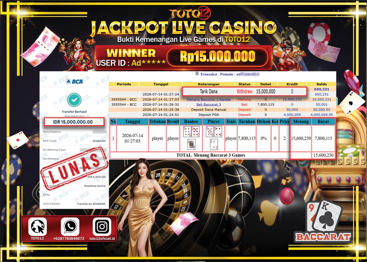 HANYA DI TOTO12 JP PASTI DI BAYAR LUNAS DAN CEPAT!!!!!! JACKPOT  LIVE GAME CASINO (BACCARAT 3) Rp15.000.000!!!!