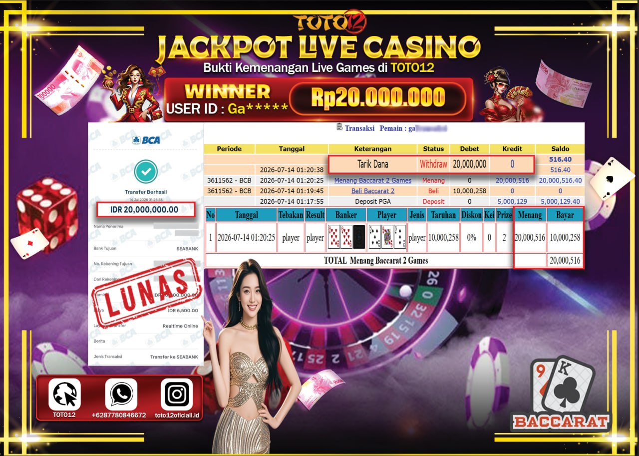 HANYA DI TOTO12 JP PASTI DI BAYAR LUNAS DAN CEPAT!!!!!! JACKPOT  LIVE GAME CASINO (BACCARAT 2) Rp20.000.000!!!!