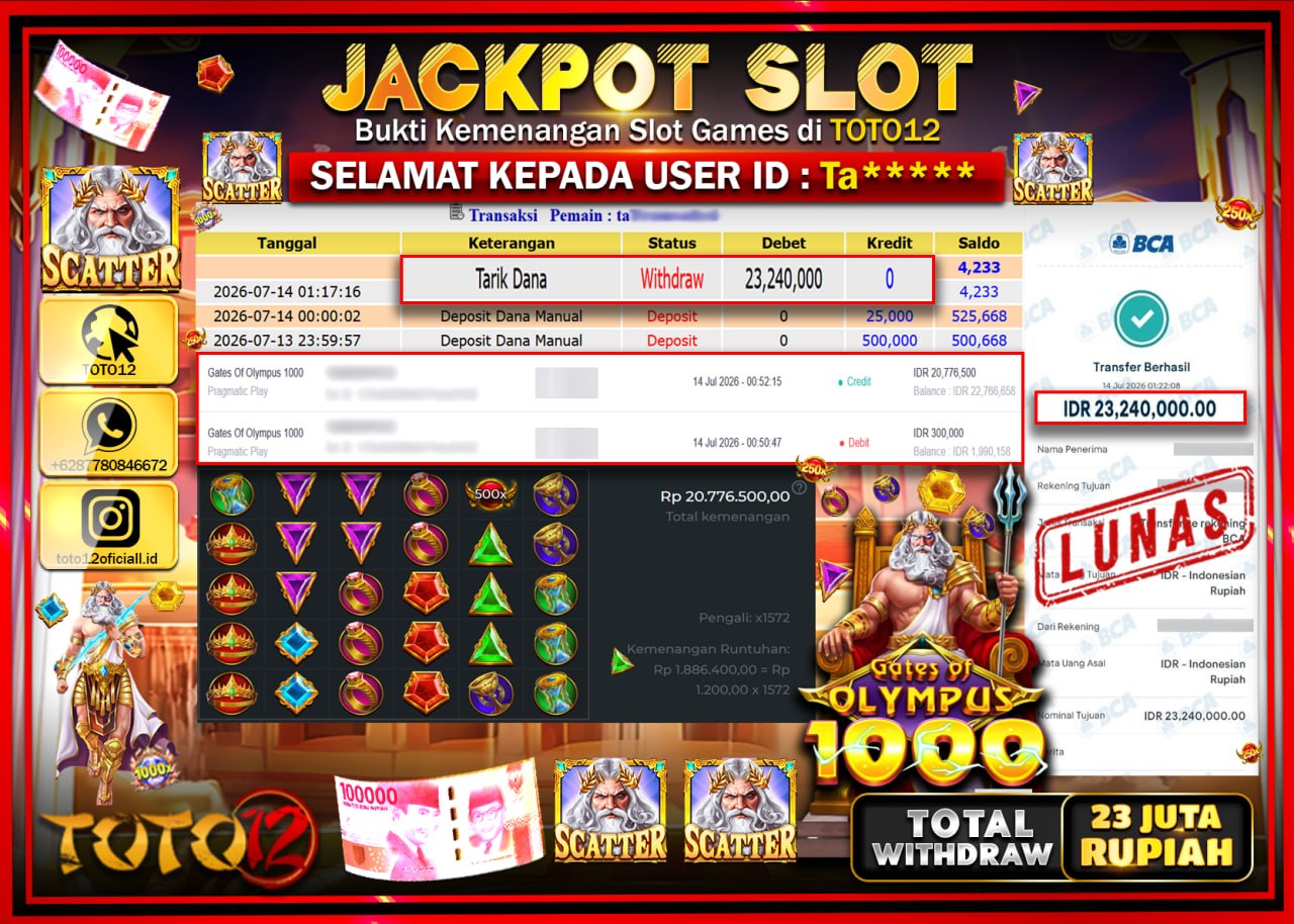 HANYA DI TOTO12 JP PASTI DI BAYAR LUNAS DAN CEPAT!!!!!! JACKPOT SLOT GAME (GATES OF OLYMPUS 1000) Rp23.240.000!!!!