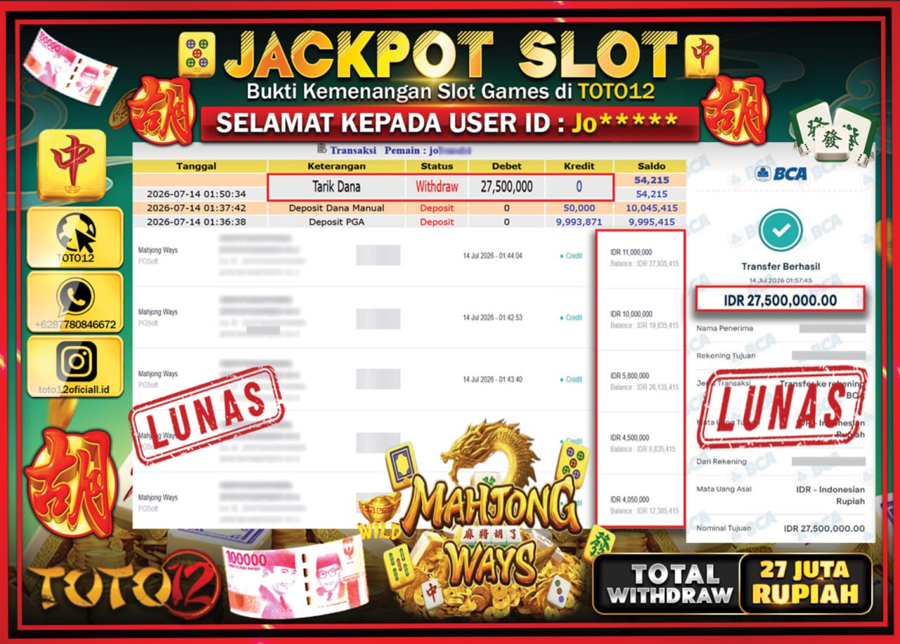 HANYA DI TOTO12 JP PASTI DI BAYAR LUNAS DAN CEPAT!!!!!! JACKPOT SLOT GAME (MAHJONG WAYS) Rp27.500.000!!!!