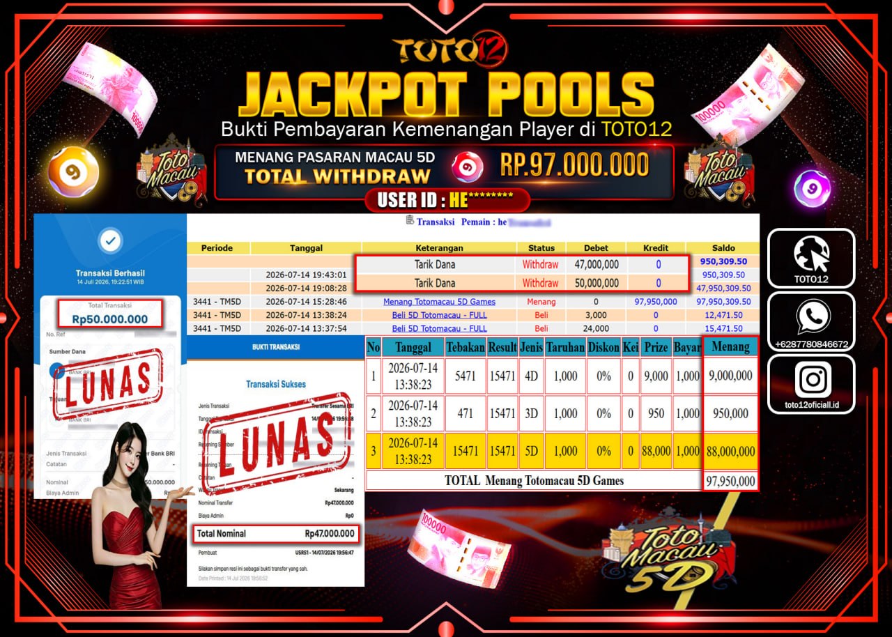HANYA DI TOTO12 JP PASTI DI BAYAR LUNAS DAN CEPAT!!!!!! JACKPOT POOLS PASARAN (MACAU 5D) Rp97.000.000!!!!