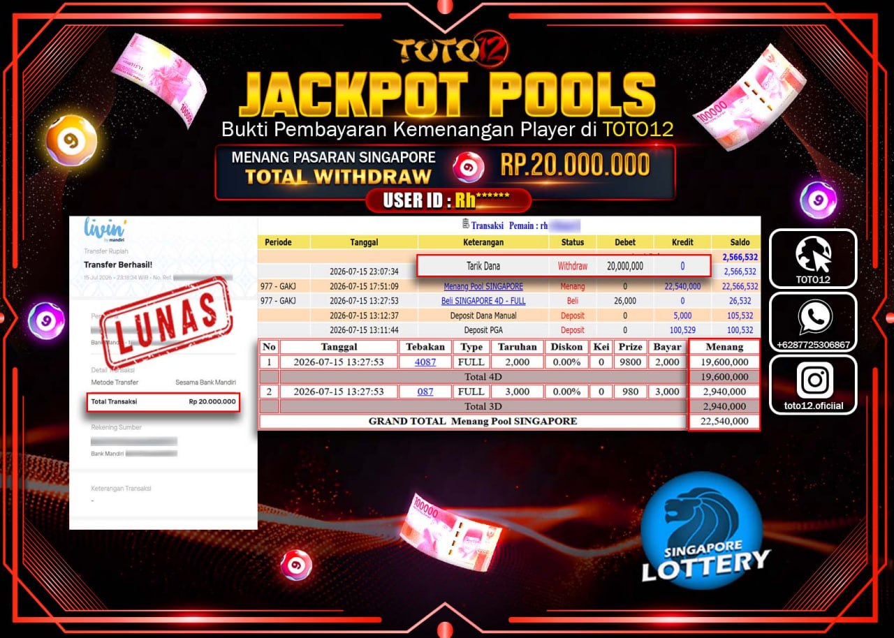 HANYA DI TOTO12 JP PASTI DI BAYAR LUNAS DAN CEPAT!!!!!! JACKPOT POOLS PASARAN (SINGAPORE) Rp20.000.000!!!!