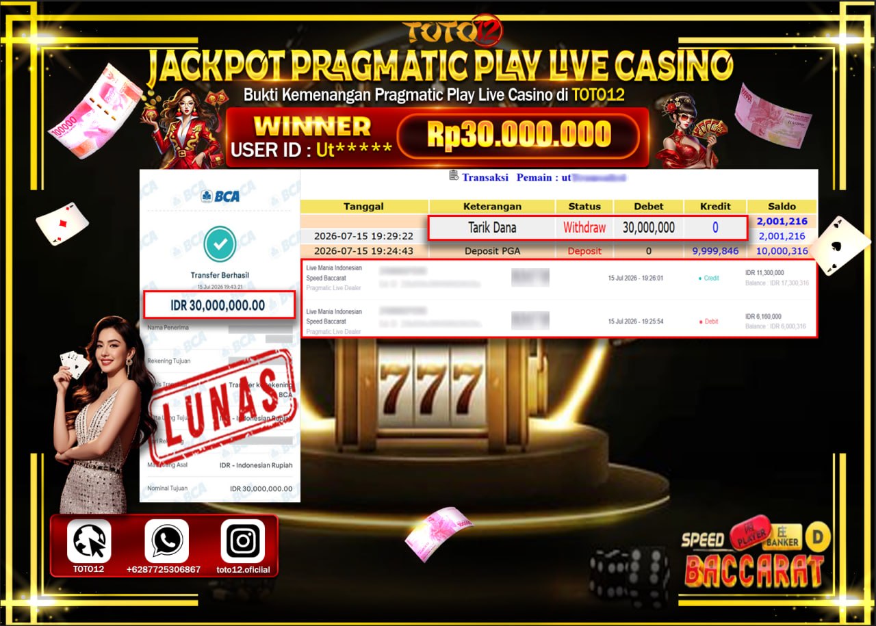 HANYA DI TOTO12 JP PASTI DI BAYAR LUNAS DAN CEPAT!!!!!! JACKPOT PRAGMATIC PLAY LIVE GAME CASINO (LIVE MANIA INDONEISA SPEED BACCARAT) Rp30.000.000!!!!