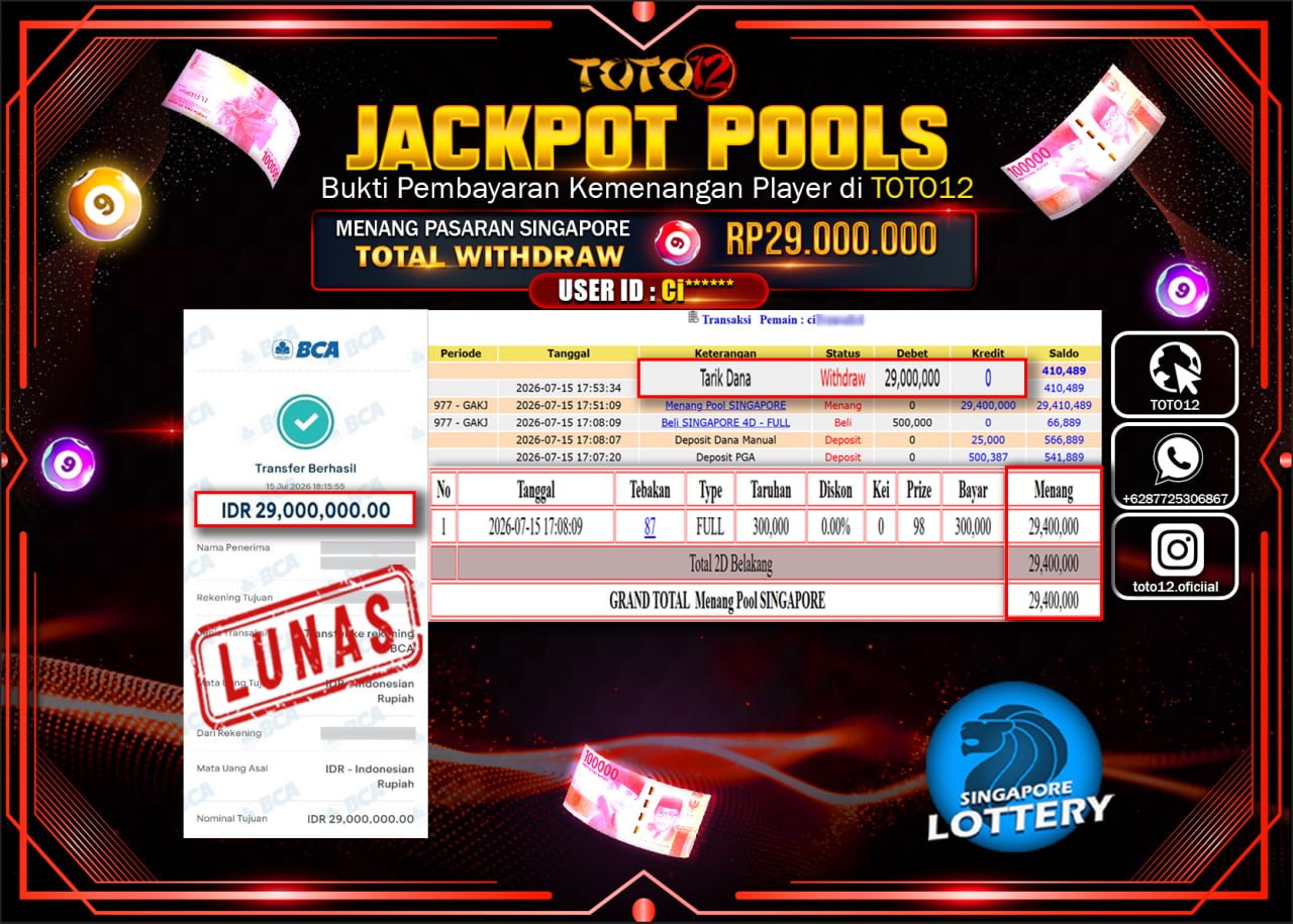 HANYA DI TOTO12 JP PASTI DI BAYAR LUNAS DAN CEPAT!!!!!! JACKPOT POOLS PASARAN (SINGAPORE) Rp29.000.000!!!!