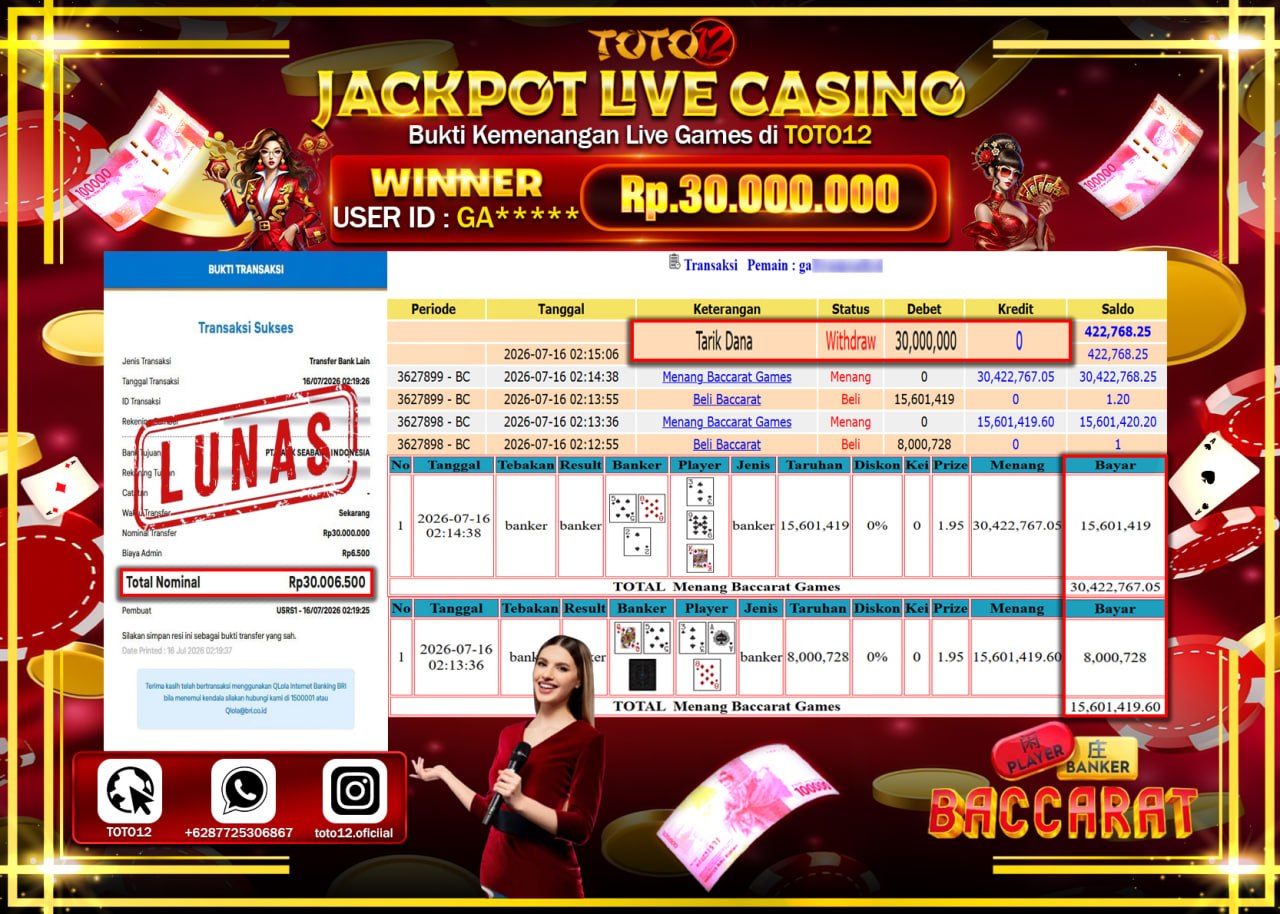 HANYA DI TOTO12 JP PASTI DI BAYAR LUNAS DAN CEPAT!!!!!! JACKPOT  LIVE GAME CASINO (BACCARAT) Rp30.000.000!!!!
