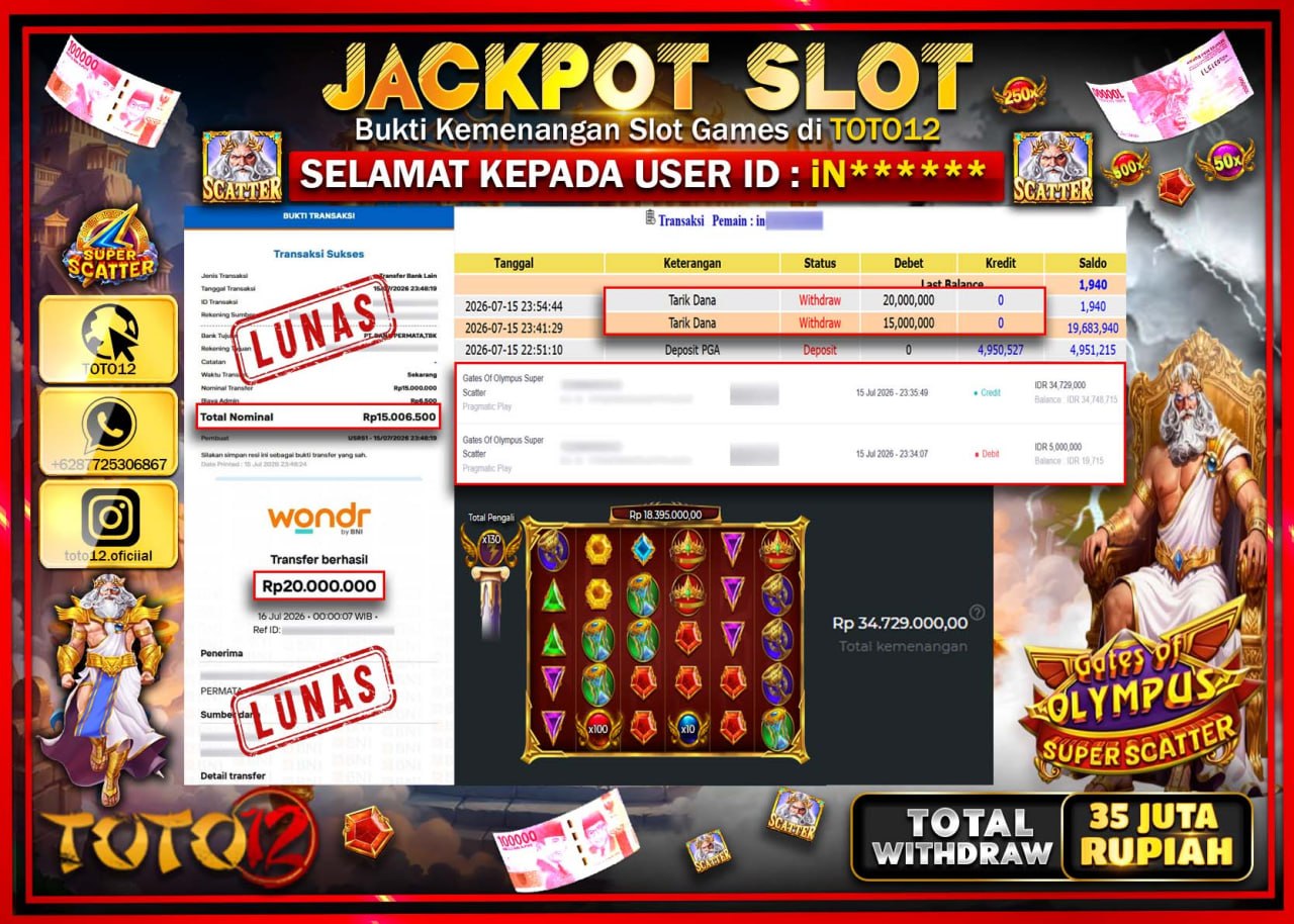 HANYA DI TOTO12 JP PASTI DI BAYAR LUNAS DAN CEPAT!!!!!! JACKPOT SLOT GAME (GATES OF OLYMPUS SUPER SCATTER) Rp35.000.000!!!!