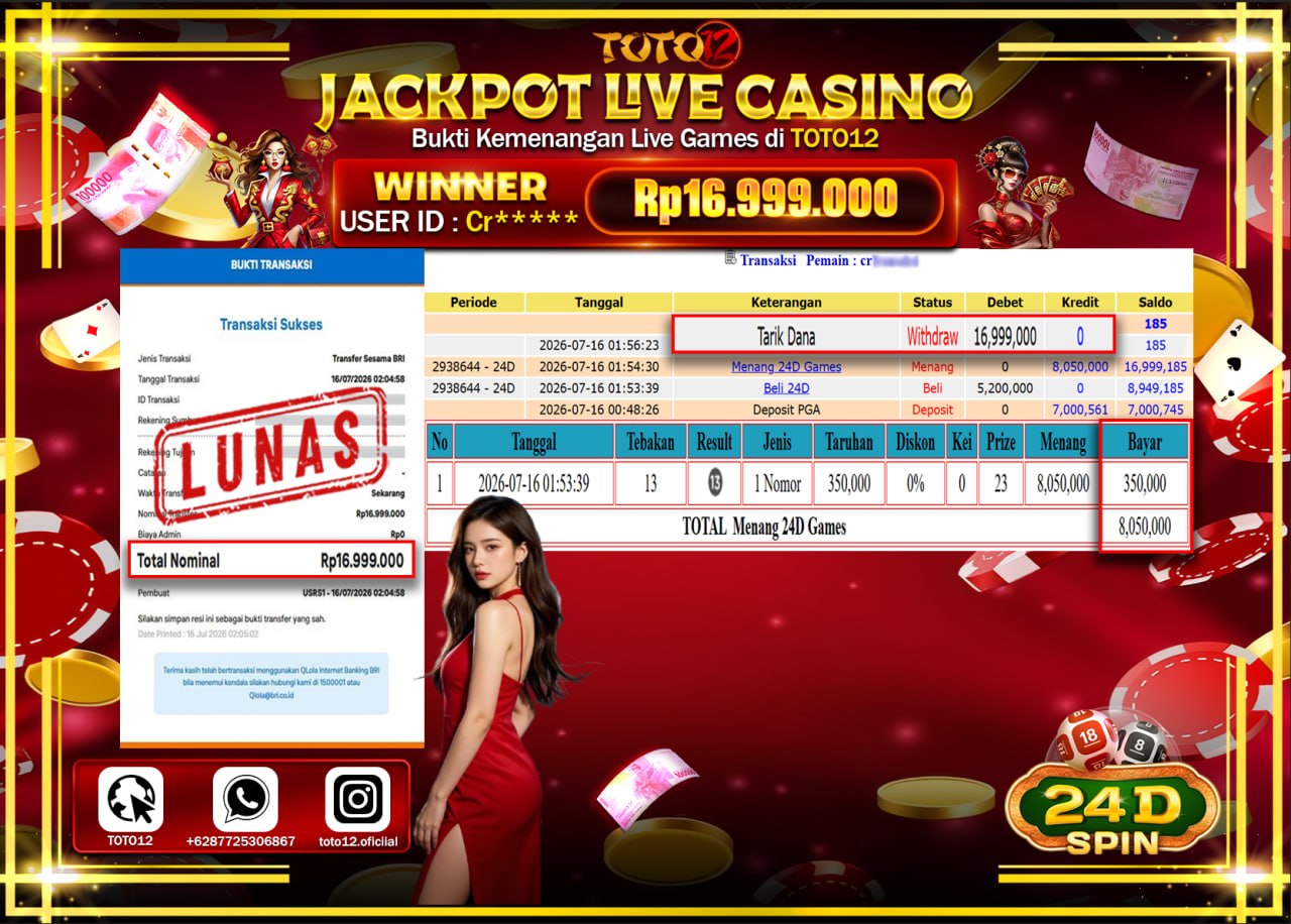 HANYA DI TOTO12 JP PASTI DI BAYAR LUNAS DAN CEPAT!!!!!! JACKPOT  LIVE GAME CASINO (24D) Rp16.999.000!!!!