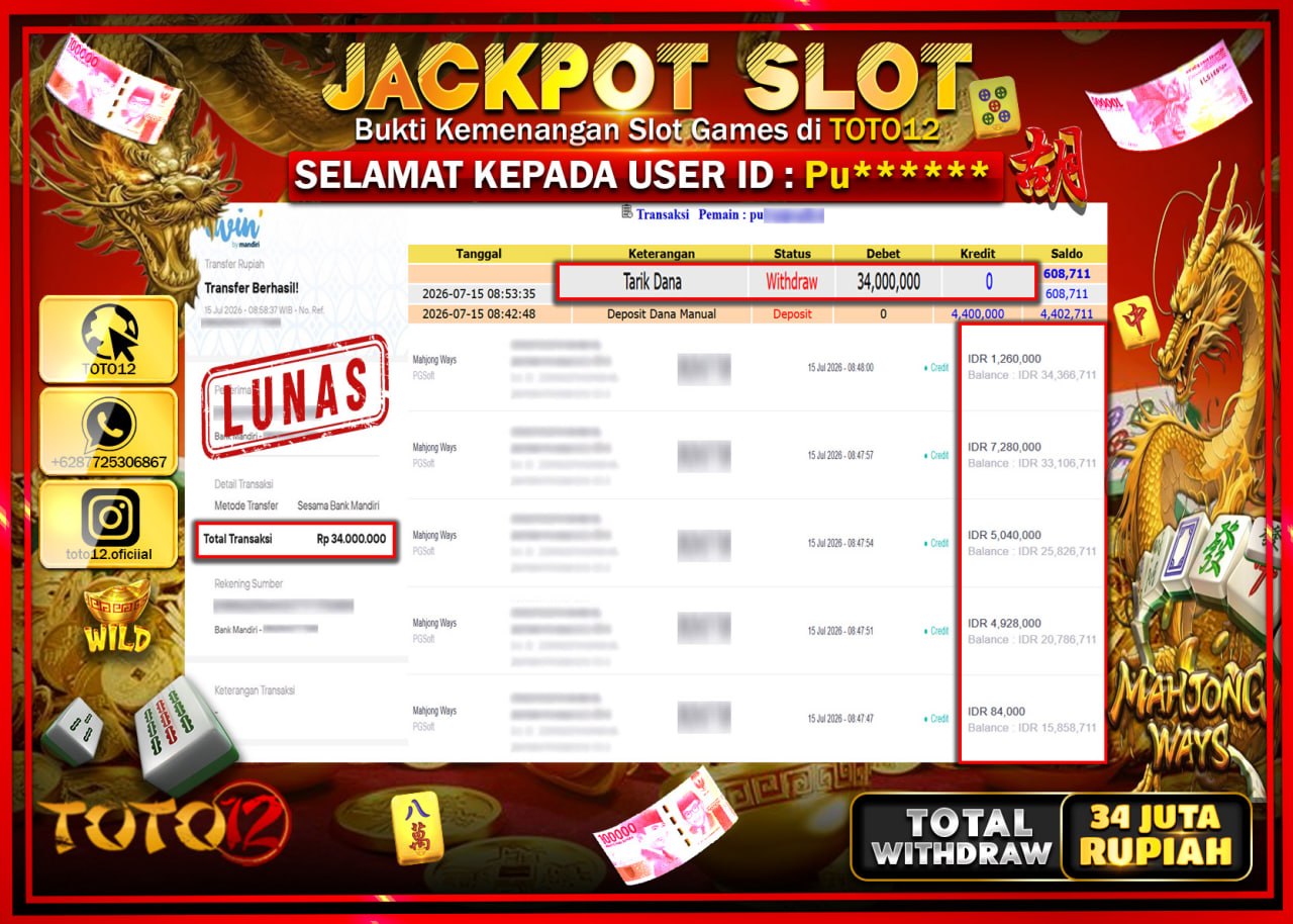 HANYA DI TOTO12 JP PASTI DI BAYAR LUNAS DAN CEPAT!!!!!! JACKPOT SLOT GAME (MAHJONG WAYS) Rp34.000.000!!!!