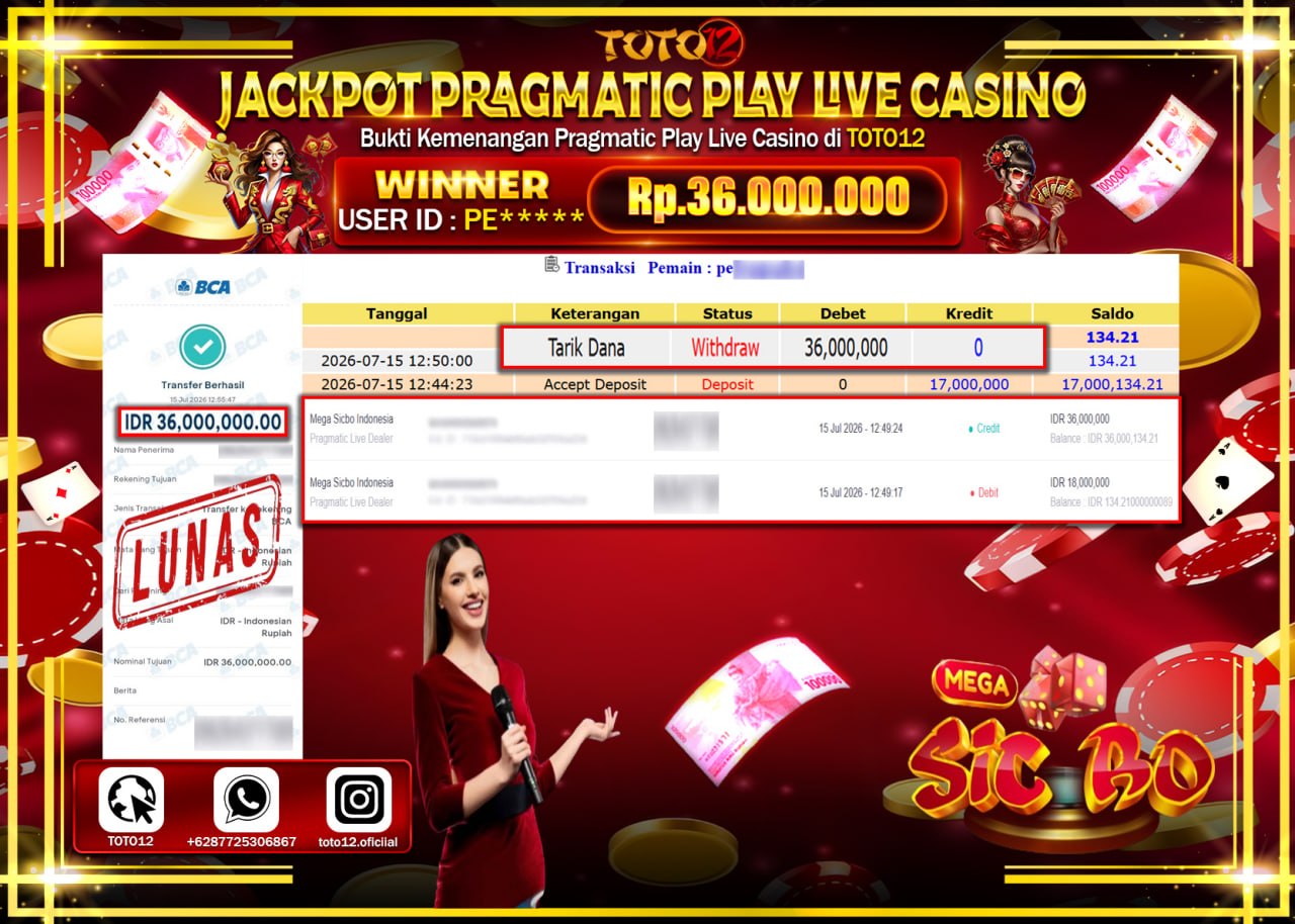 HANYA DI TOTO12 JP PASTI DI BAYAR LUNAS DAN CEPAT!!!!!! JACKPOT PRAGMATIC PLAY LIVE GAME CASINO (MEGA SICBO INDONESIA) Rp36.000.000!!!!