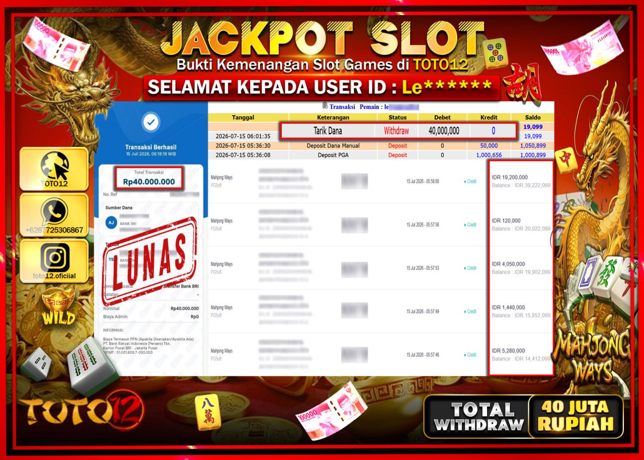 HANYA DI TOTO12 JP PASTI DI BAYAR LUNAS DAN CEPAT!!!!!! JACKPOT SLOT GAME (MAHJONG WAYS) Rp40.000.000!!!!