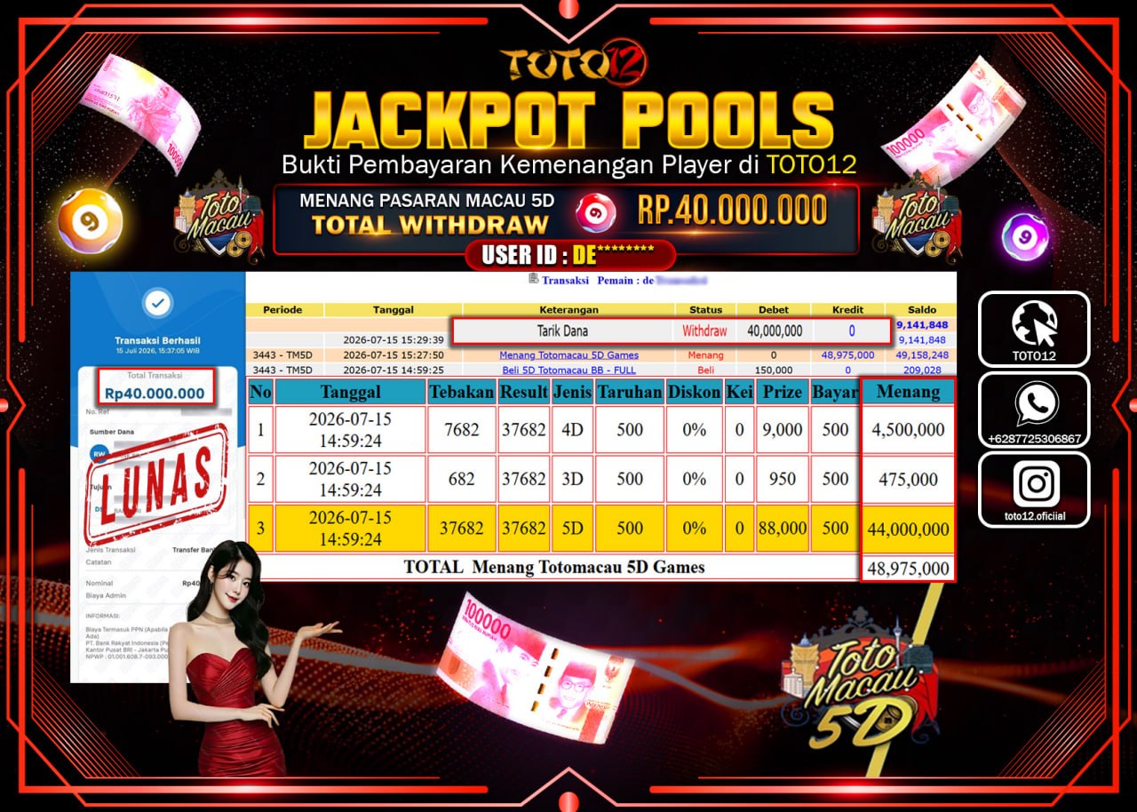 HANYA DI TOTO12 JP PASTI DI BAYAR LUNAS DAN CEPAT!!!!!! JACKPOT POOLS PASARAN (MACAU 5D) Rp40.000.000!!!!