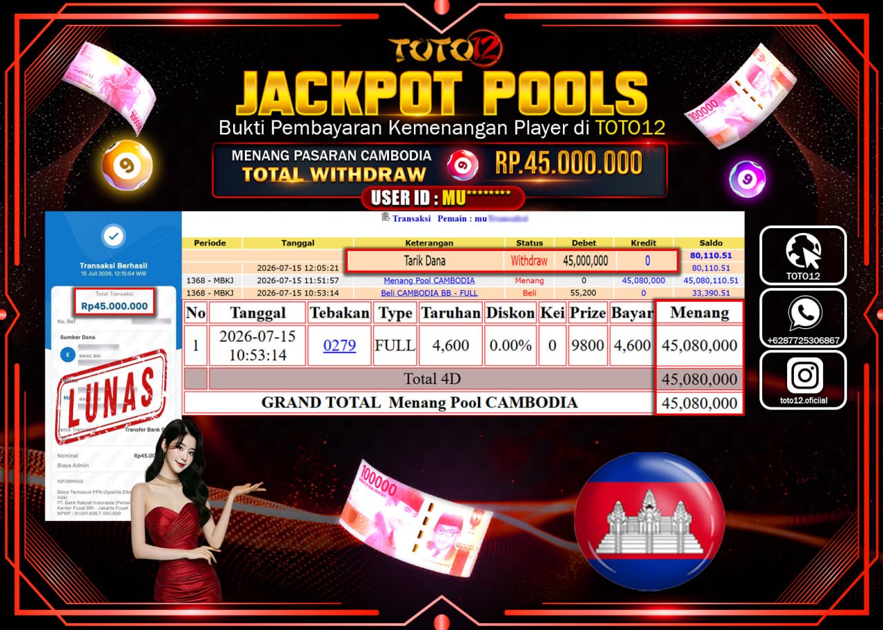 HANYA DI TOTO12 JP PASTI DI BAYAR LUNAS DAN CEPAT!!!!!! JACKPOT POOLS PASARAN (CAMBODIA) Rp45.000.000!!!!