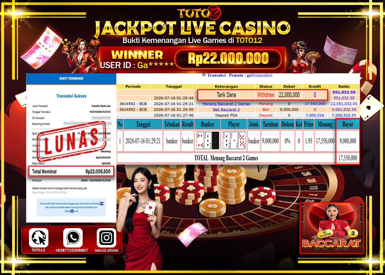 HANYA DI TOTO12 JP PASTI DI BAYAR LUNAS DAN CEPAT!!!!!! JACKPOT  LIVE GAME CASINO (BACCARAT 2) Rp22.000.000!!!!