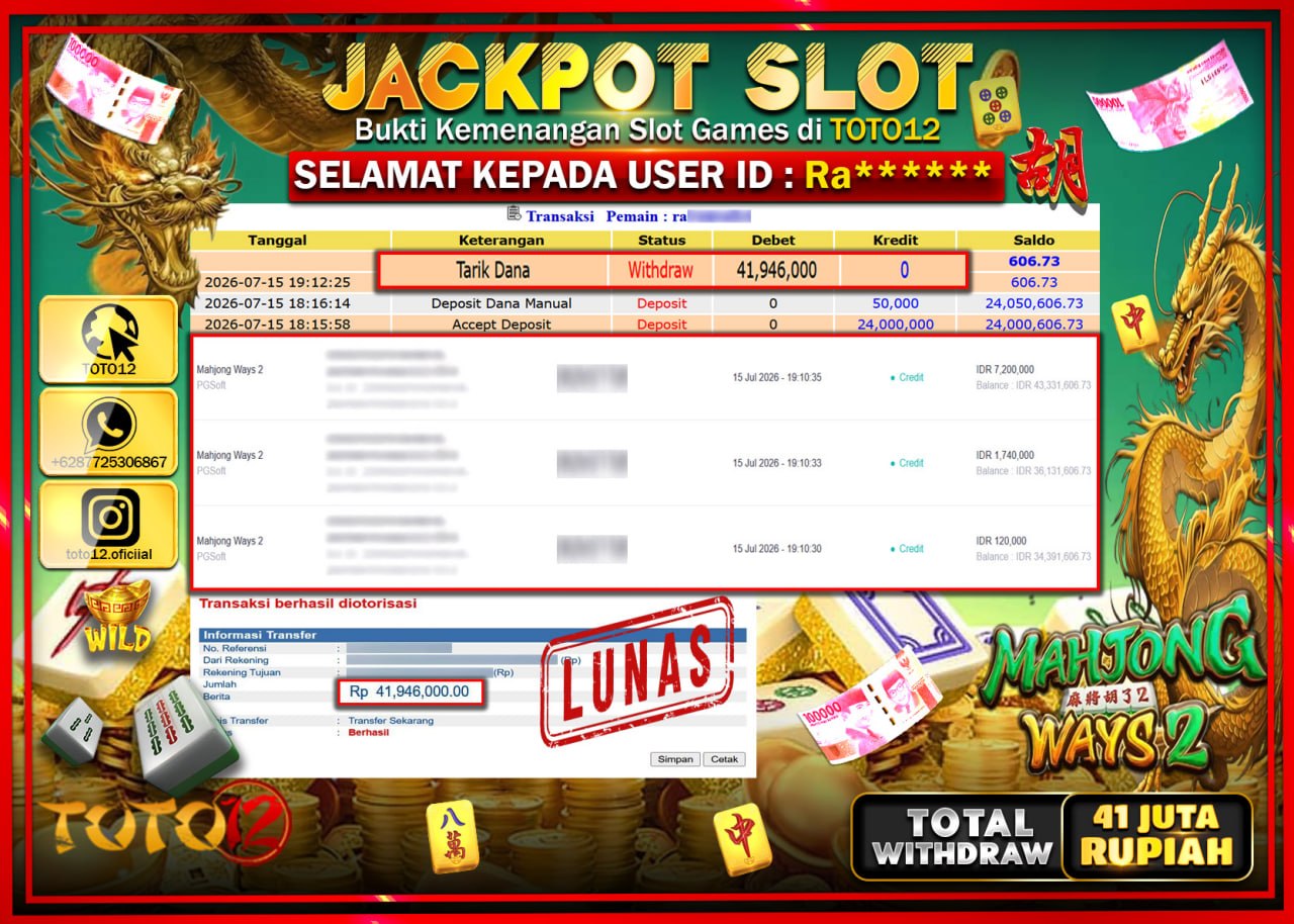 HANYA DI TOTO12 JP PASTI DI BAYAR LUNAS DAN CEPAT!!!!!! JACKPOT SLOT GAME (MAHJONG WAYS 2) Rp41.946.000!!!!