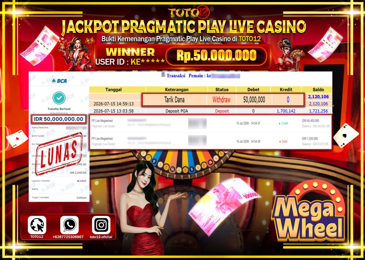 HANYA DI TOTO12 JP PASTI DI BAYAR LUNAS DAN CEPAT!!!!!! JACKPOT PRAGMATIC PLAY LIVE GAME CASINO (PP LIVE MEGAWHEEL) Rp50.000.000!!!!