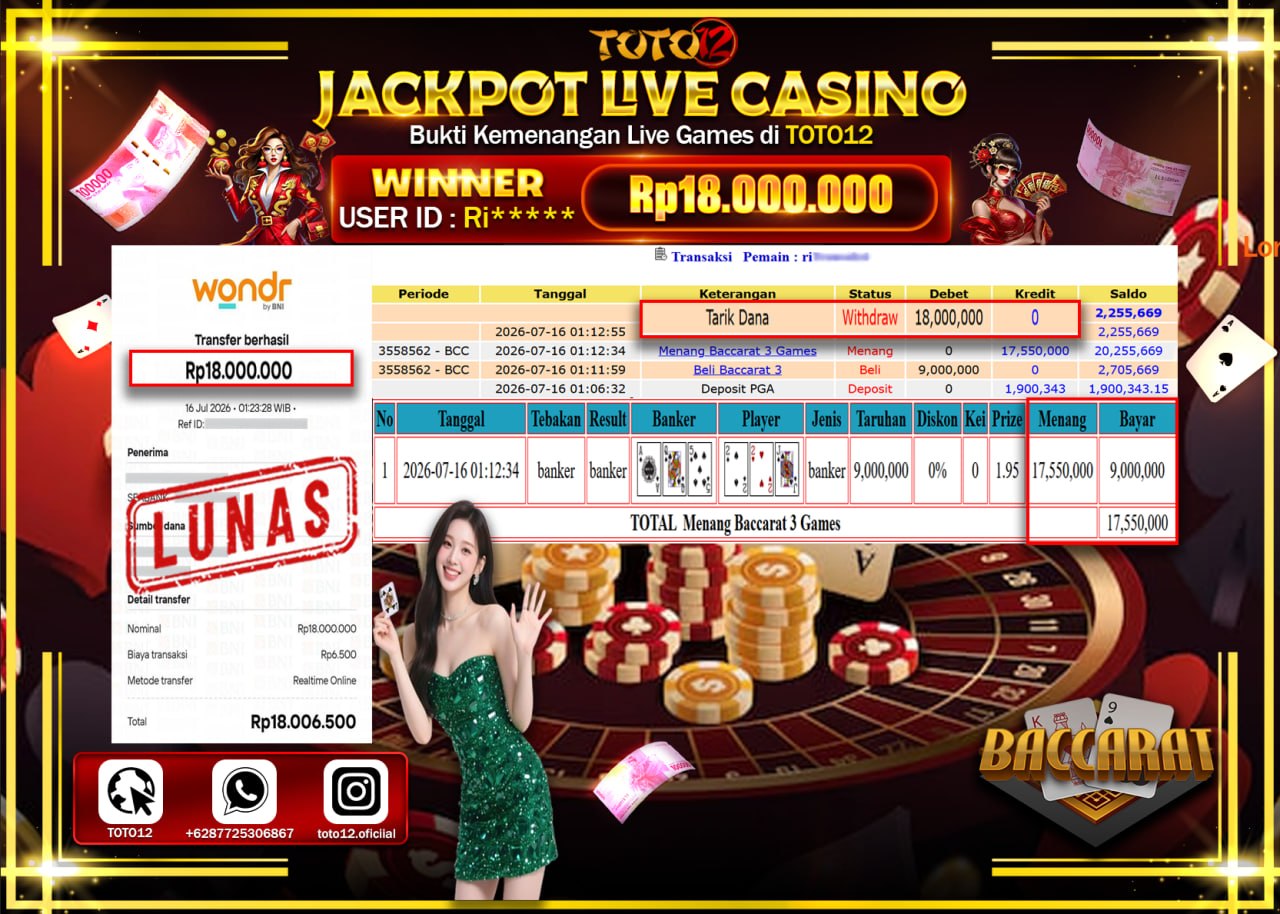 HANYA DI TOTO12 JP PASTI DI BAYAR LUNAS DAN CEPAT!!!!!! JACKPOT  LIVE GAME CASINO (BACCARAT 3) Rp18.000.000!!!!