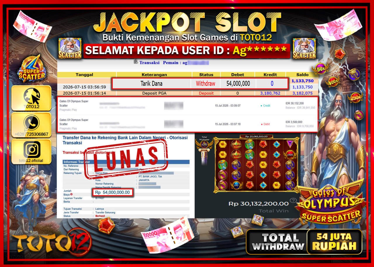 HANYA DI TOTO12 JP PASTI DI BAYAR LUNAS DAN CEPAT!!!!!! JACKPOT SLOT GAME (GATES OF OLYMPUS SUPER SCATTER) Rp54.000.000!!!!