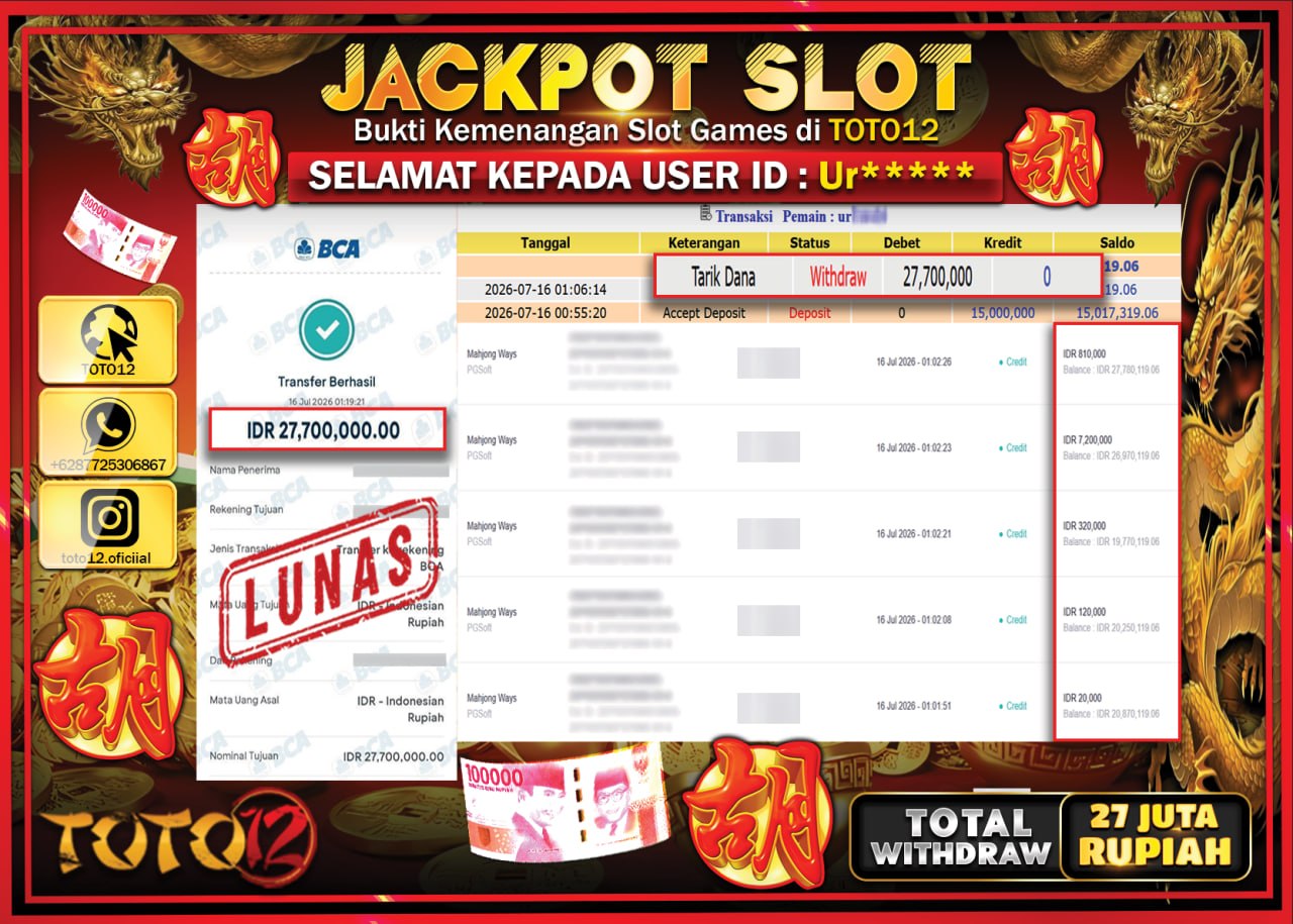 HANYA DI TOTO12 JP PASTI DI BAYAR LUNAS DAN CEPAT!!!!!! JACKPOT SLOT GAME (MAHJONG WAYS) Rp27.700.000!!!!