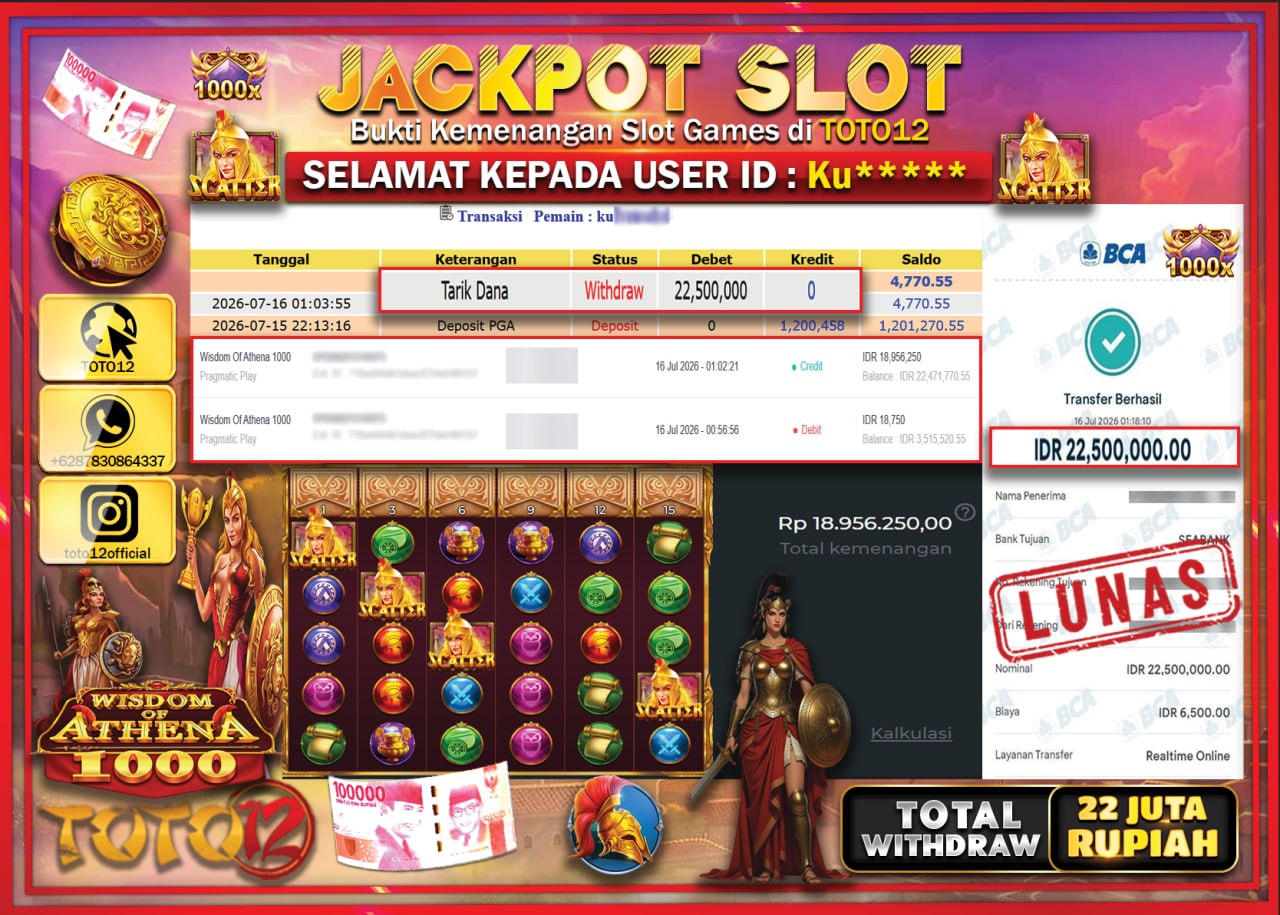 HANYA DI TOTO12 JP PASTI DI BAYAR LUNAS DAN CEPAT!!!!!! JACKPOT SLOT GAME (WISDIM OF ATHENA 1000) Rp22.500.000!!!!