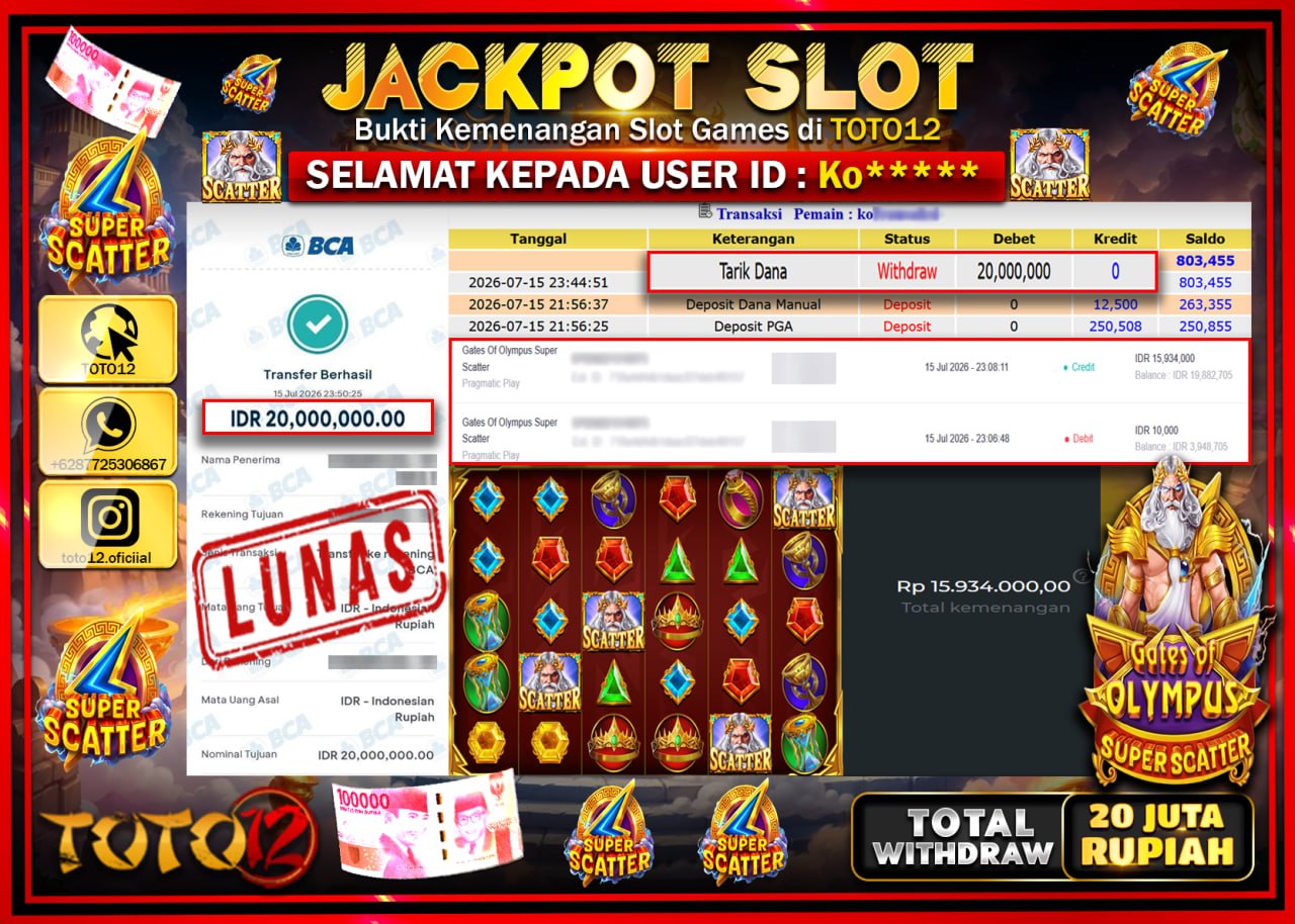 HANYA DI TOTO12 JP PASTI DI BAYAR LUNAS DAN CEPAT!!!!!! JACKPOT SLOT GAME (GATES OF OLYMPUS SUPER SCATTER) Rp20.000.000!!!!