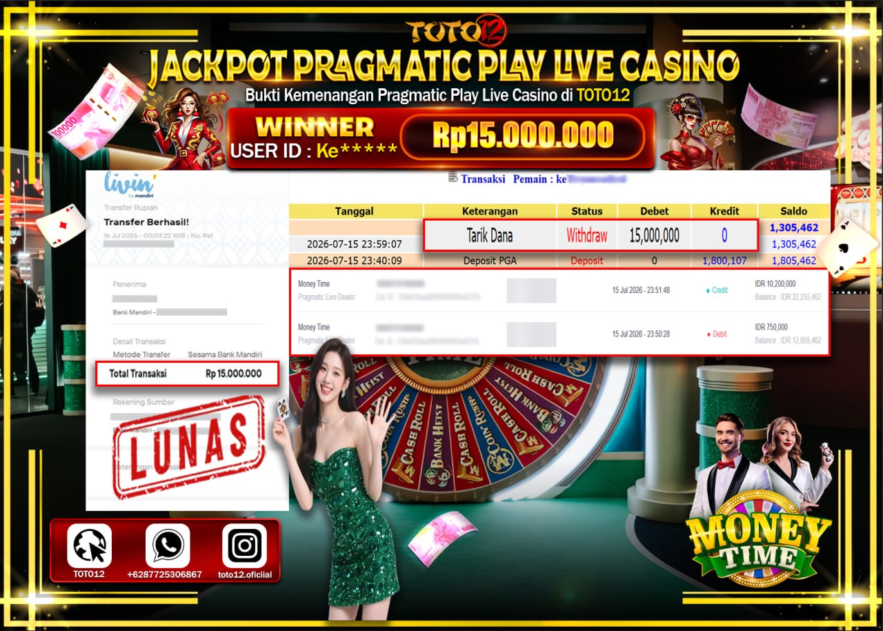 HANYA DI TOTO12 JP PASTI DI BAYAR LUNAS DAN CEPAT!!!!!! JACKPOT PRAGMATIC PLAY LIVE GAME CASINO (MONEY TIME) Rp15.000.000!!!!