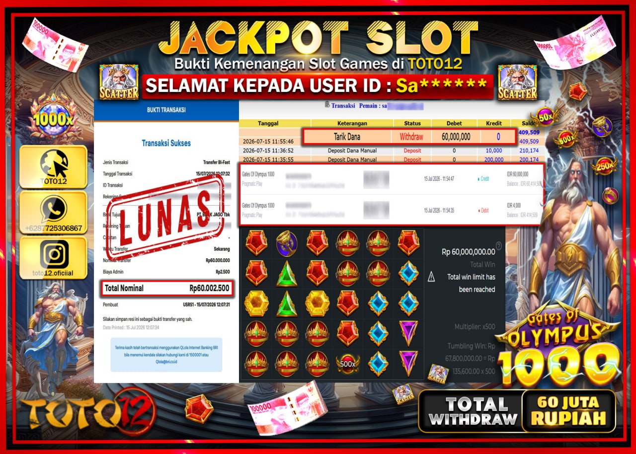 HANYA DI TOTO12 JP PASTI DI BAYAR LUNAS DAN CEPAT!!!!!! JACKPOT SLOT GAME (GATES OF OLYMPUS 1000) Rp60.000.000!!!!