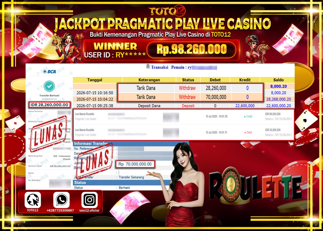 HANYA DI TOTO12 JP PASTI DI BAYAR LUNAS DAN CEPAT!!!!!! JACKPOT PRAGMATIC PLAY LIVE GAME CASINO (LIVE MANIA ROULETTE) Rp98.260.000!!!!
