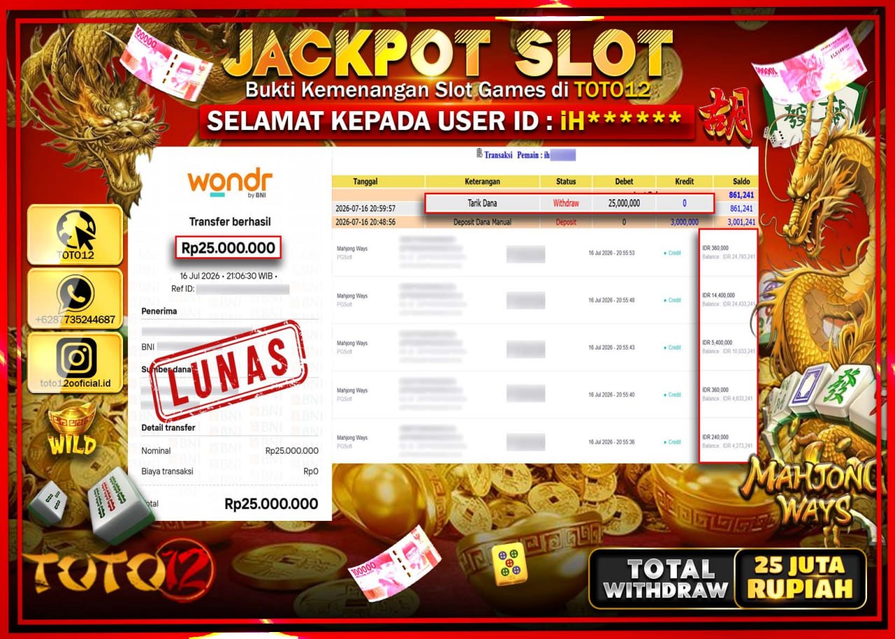 HANYA DI TOTO12 JP PASTI DI BAYAR LUNAS DAN CEPAT!!!!!! JACKPOT SLOT GAME (MAHJONG WAYS) Rp25.000.000!!!!