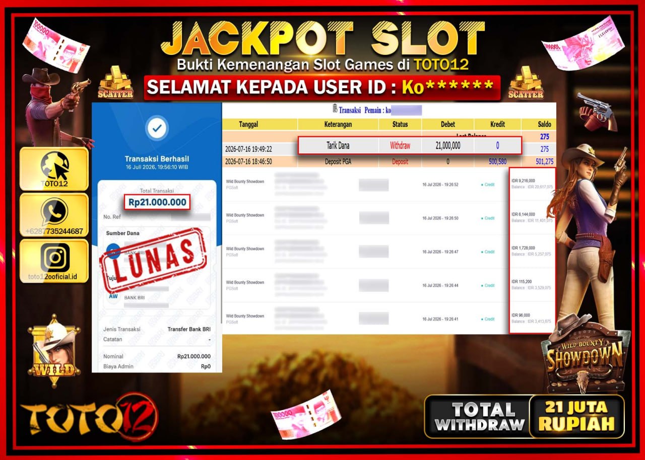 HANYA DI TOTO12 JP PASTI DI BAYAR LUNAS DAN CEPAT!!!!!! JACKPOT SLOT GAME (WILD BOUNTY SHOWDOWN) Rp21.000.000!!!!