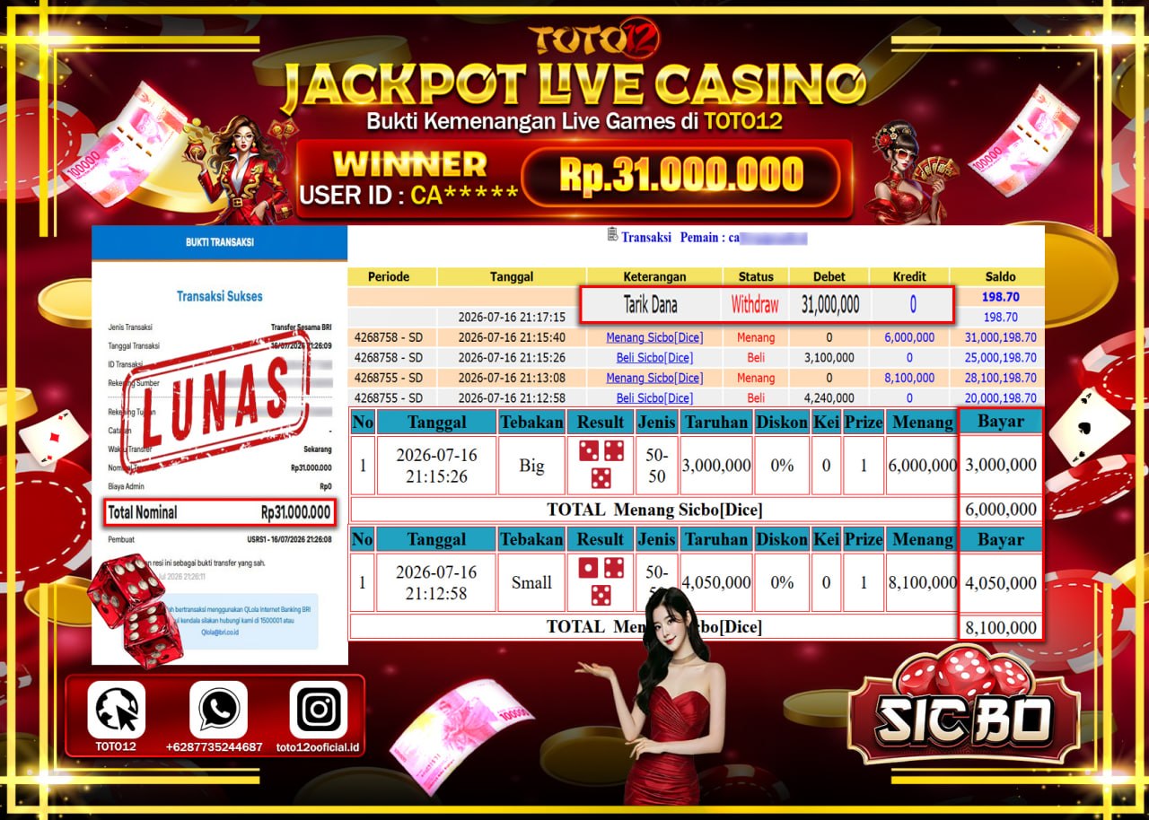HANYA DI TOTO12 JP PASTI DI BAYAR LUNAS DAN CEPAT!!!!!! JACKPOT  LIVE GAME CASINO (SICBO DICE) Rp31.000.000!!!!
