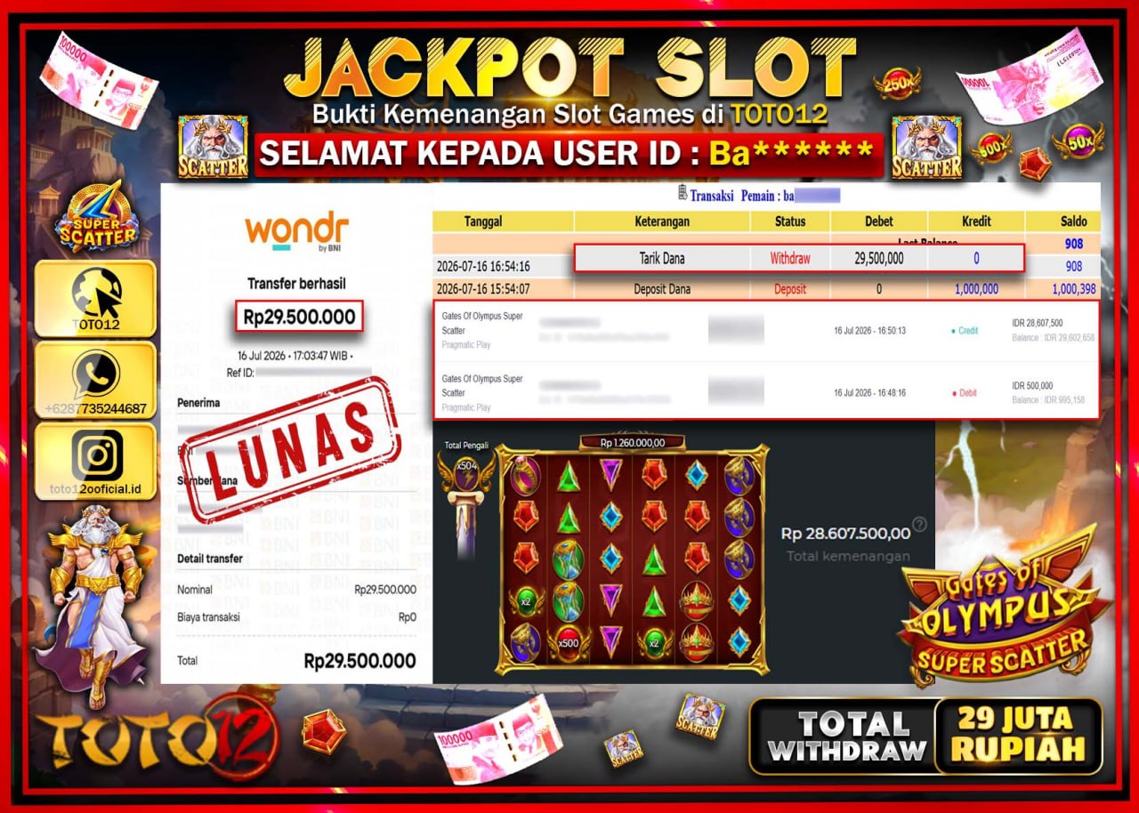 HANYA DI TOTO12 JP PASTI DI BAYAR LUNAS DAN CEPAT!!!!!! JACKPOT SLOT GAME (GATES OF OLYMPUS SUPER SCATTER) Rp29.500.000!!!!