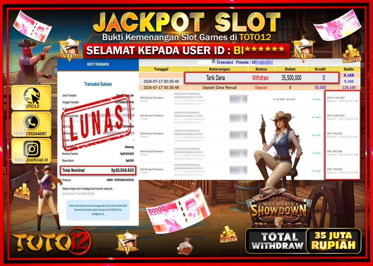 HANYA DI TOTO12 JP PASTI DI BAYAR LUNAS DAN CEPAT!!!!!! JACKPOT SLOT GAME (WILD BOUNTY SHOWDOWN) Rp35.500.000!!!!