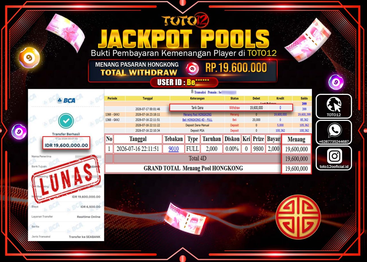 HANYA DI TOTO12 JP PASTI DI BAYAR LUNAS DAN CEPAT!!!!!! JACKPOT POOLS PASARAN (HONGKONG) Rp19.600.000!!!!