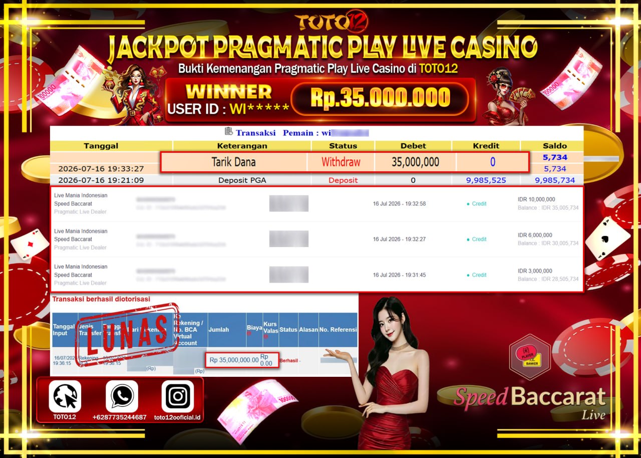 HANYA DI TOTO12 JP PASTI DI BAYAR LUNAS DAN CEPAT!!!!!! JACKPOT PRAGMATIC PLAY LIVE GAME CASINO (LIVE MANIA INDONESIA SPEED BACCARAT) Rp35.000.000!!!!